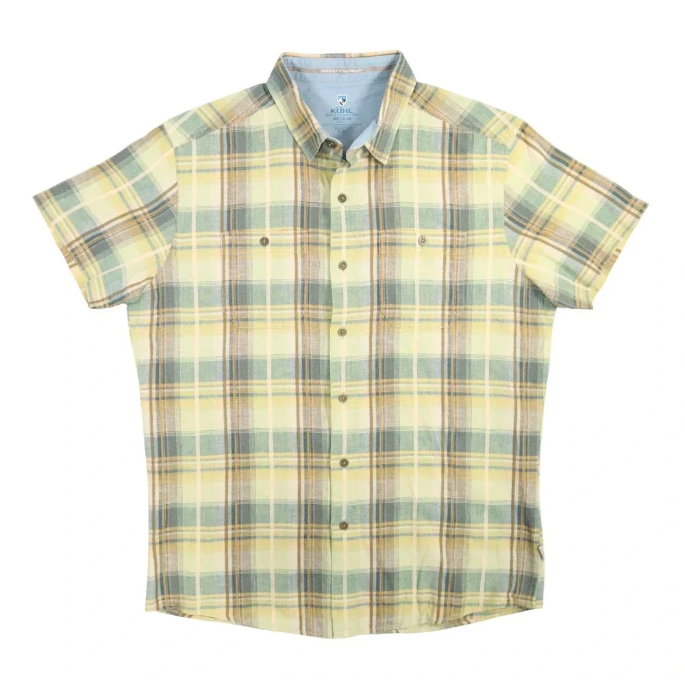 Kuhl Skorpio Linen Shirt Mens Medium‎ Green Plaid Gorpcore Hiking Outdoor Retro